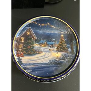 Cookie Tin Christmas Blue Winter Village Snowy Night Scene Collectible Holiday
